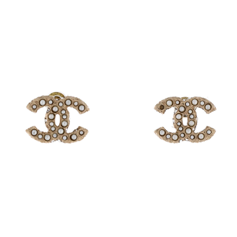 Chanel CC Stud Earrings Metal with Faux Pearls